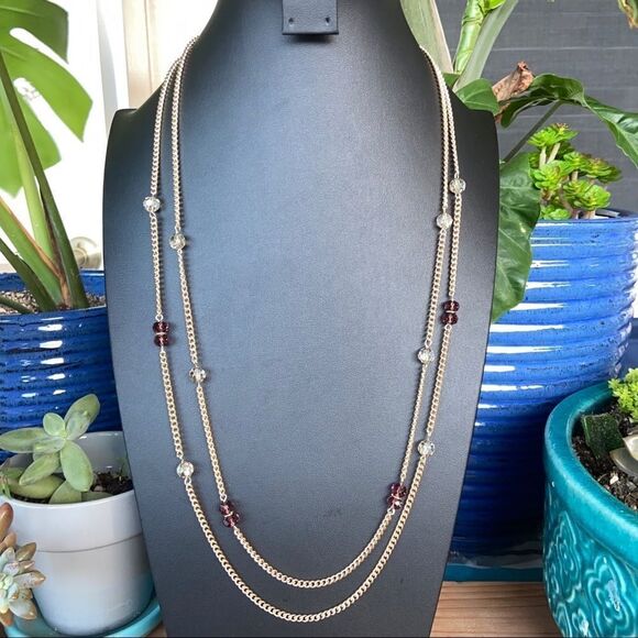 Chico’s Gold Maroon & Clear Crystal Necklace - Picture 1 of 7